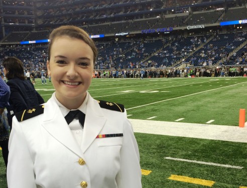 Megan Rosenberger sings the National Anthem at Monday Night Football’s Lions vs. Giants game in Michigan.